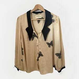 Vintage Blouse Satin Buttoned Gold Black Butterfly Print Sleep Top Chic Stylish